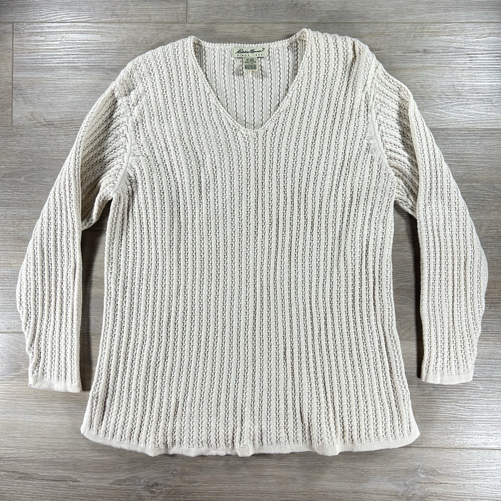 VTG Eddie Bauer Large Women's Beige Cable knit V-neck‎ Sweater